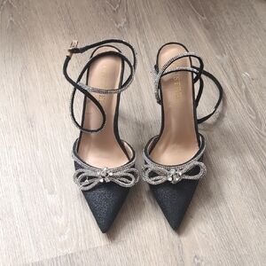 Chic Black and Silver Slingback Heels